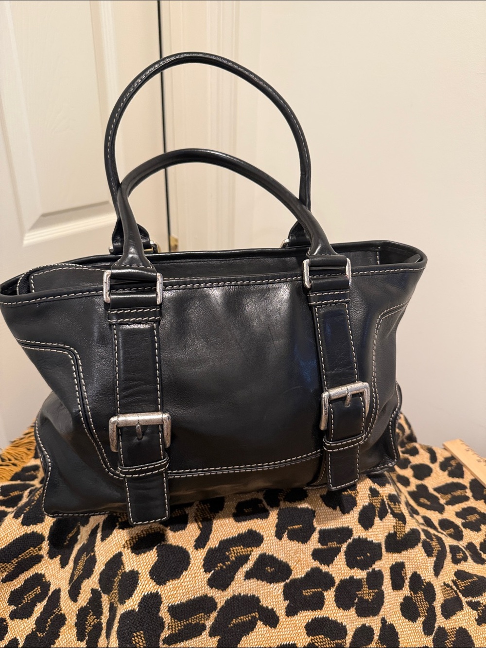 Michael Kors Black Leather Large Satchel Silver Buckle Zipper Close Sleek Bag